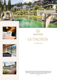 Sacher Gutschein: Luxuriöses Resort in den Alpen mit Naturschwimmteich, Cabanas, Wellnessbereich und Bergblick-Lounge.