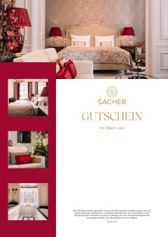 Sacher Gutschein mit einem luxuriösen, rot akzentuierten Hotelzimmer, eleganten Betten und Einrichtungsdetails in der Collage.