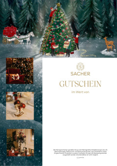 Ein festlicher, anpassbarer Sacher Hotel Gutschein mit einer Weihnachts-Illustration vom Schmücken eines Baumes und drei kleinen Deko-Bildern.