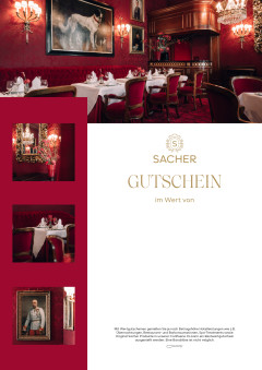 Sacher-Geschenkgutschein mit prunkvollem Speisesaal, roten Wänden, Kronleuchtern, Kamin und klassischer Kunst