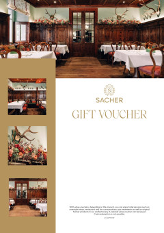 Sacher voucher: Rustic restaurant with wood-paneled walls, hunting trophies, set tables, and floral arrangements.