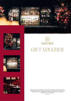 Sacher voucher: Elegant, dimly lit bar with stocked liquor shelves, red flowers, and a velvet cocktail seating area.
